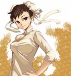  1girl breasts brown_eyes brown_hair bun_cover capcom china_dress chinadress chinese_clothes chun-li double_bun double_buns dress earrings female hair_bun hands_on_hips jewelry shiba_(pixiv) shiba_murashouji shibasaki_shouji short_hair solo street_fighter 