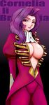  absolute_cleavage arms_behind arms_behind_back big_breasts breasts center_opening charlie_cix cleavage code_geass cornelia_li_britannia female gradient gradient_background highres large_breasts long_hair long_image military military_uniform purple_eyes purple_hair purple_lips solo tall_image uniform unzipped 