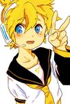  1boy blonde_hair blue_eyes headset kagamine_len male male_focus mouth_open open_mouth solo v vocaloid white_background 