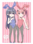  2girls :o animal_ears bangs bare_shoulders black_hair black_pantyhose blue_bow blue_bowtie blue_hairband blue_leotard blush_stickers bow bowtie closed_mouth collar commentary_request detached_collar fake_animal_ears groin hair_ornament hairband highres kapuru_0410 leotard long_hair looking_at_viewer multiple_girls pantyhose parted_lips playboy_bunny purple_eyes rabbit_ears red_bow red_bowtie red_hair red_hairband red_leotard shirosaki_hana smile standing strapless strapless_leotard striped striped_background tanemura_koyori twintails v-shaped_eyebrows vertical_stripes very_long_hair watashi_ni_tenshi_ga_maiorita! white_collar wing_collar wrist_cuffs x_hair_ornament 