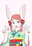  1girl 2023 alternate_costume animal_ears bangs blush_stickers boku_no_hero_academia breasts brown_eyes brown_hair commentary happy_new_year highres japanese_clothes kimono looking_at_viewer open_mouth rabbit_ears saburou_(326xxx1) short_hair solo uraraka_ochako v w 