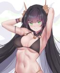  1girl absurdres ara_(guardian_tales) armpits arms_up bangs bikini black_bikini black_hair blush bracelet breasts closed_mouth frown green_eyes guardian_tales highres jewelry long_hair looking_at_viewer medium_breasts navel seashell shell shell_hair_ornament sliverdog solo swimsuit wet 