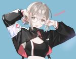  1girl absurdres azusawa_kohane bangs blue_background glasses grey_eyes grey_hair hair_between_eyes hair_ornament high_collar highres jacket long_sleeves mona0101 open_mouth project_sekai purple_ribbon red_ribbon ribbon simple_background solo upper_body 