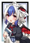  1girl absurdres ahoge bangs bird_wings black_dress blue_hair book dress head_wings highres hira-san holding holding_book horns long_sleeves multicolored_hair open_mouth red_wings short_hair single_head_wing solo tokiko_(touhou) touhou two-tone_hair upper_body white_hair wings 