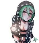  1girl breasts flashlight green_hair hair_between_eyes hood hoodie infugames looking_at_viewer non-web_source self_upload signature solo star_(symbol) star_print transparent_background 