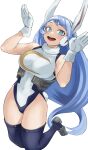  1girl absurdres alternate_costume animal_ears blue_eyes blue_hair boku_no_hero_academia breasts bunny_pose commentary cosplay fake_animal_ears fake_tail fengling_(furin-jp) gloves hadou_nejire highres large_breasts leotard long_hair looking_at_viewer mirko mirko_(cosplay) open_mouth rabbit_ears simple_background smile solo tail thighhighs thighs very_long_hair white_background white_gloves white_leotard 