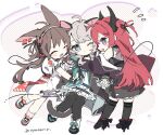  3girls :d ahoge animal_ears april_(arknights) arknights black_dress black_jacket black_ribbon black_thighhighs blush borrowed_hairstyle brown_hair cat_ears cat_tail chibi closed_mouth commentary dress grey_hair headphones highres horns jacket looking_at_viewer mint_(arknights) multiple_girls naguru_(cyoroama) one_eye_closed one_side_up open_mouth rabbit_ears red_hair ribbon shoes smile sneakers socks surtr_(arknights) tail thighhighs white_dress white_footwear white_socks 