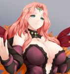  1girl ashita_yaru breasts circlet cleavage cornelia_arnim dress feather_trim feathers fire_emblem fire_emblem:_three_houses gorget green_eyes grey_background huge_breasts jewelry key_necklace long_hair long_sleeves low_neckline mature_female necklace pink_hair plunging_neckline red_dress simple_background smile solo upper_body 