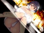  1girl anus ass bangs bare_shoulders black_hair blurry blurry_background blush breasts cleavage cleft_of_venus huge_breasts mature_female munashi_mujou onsen open_mouth original partially_submerged pussy pussy_peek red_eyes short_hair solo steam thighs towel water 