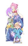  2boys 2girls aged_down aqua_hair bangs blonde_hair floral_print full_body gradient_hair green_hair hair_between_eyes hair_ornament highres japanese_clothes kamishiro_rui kimono kusanagi_nene long_hair mask mask_on_head multicolored_hair multiple_boys multiple_girls one_eye_closed ootori_emu open_mouth orange_eyes orange_hair pink_eyes pink_hair pink_ribbon project_sekai purple_hair ribbon sekai_yoni short_hair short_sleeves shorts socks streaked_hair tears tenma_tsukasa unicorn_mask white_background wonderlands_x_showtime_(project_sekai) yellow_eyes yellow_ribbon 