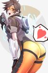  1girl ass black_gloves blush bodysuit bomber_jacket brown_eyes brown_hair brown_jacket clash_kuro_neko ear_piercing gloves goggles gun highres holding holding_gun holding_weapon jacket leaning_forward looking_at_viewer orange_bodysuit orange_goggles overwatch overwatch_(logo) piercing short_hair skin_tight solo teeth tracer_(overwatch) upper_teeth_only weapon 