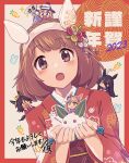  2023 5girls ^_^ ahoge akikawa_yayoi_(umamusume) alternate_costume animal_ears bangs black_hair blush braid brown_eyes brown_hair closed_eyes crown_braid cupping_hands ear_covers floral_print gold_city_(umamusume) hair_ornament hairband hand_fan happy_new_year horse_ears japanese_clothes kimono looking_at_viewer manhattan_cafe_(umamusume) minigirl multiple_girls obi open_mouth own_hands_together red_kimono sash short_hair signature snow_bunny solo_focus umamusume unajiru winning_ticket_(umamusume) yukino_bijin_(umamusume) 