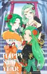  3girls absurdres alternate_costume black_kimono brown_eyes character_request commentary cowboy_shot earrings elincia_ridell_crimea fire_emblem fire_emblem:_path_of_radiance fire_emblem:_radiant_dawn floral_print flower forehead green_eyes green_hair hair_flower hair_ornament highres japanese_clothes jewelry kimono long_hair long_sleeves multiple_girls nephenee_(fire_emblem) orange_kimono outdoors red_flower revision sigrun_(fire_emblem) silvercandy_gum torii white_kimono 