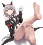  1girl animal_ears bare_legs barefoot curren_chan_(umamusume) den_(kur0_yuki) feet gloves grey_hair hair_ribbon horse_girl legs looking_at_viewer ribbon sitting smile soles solo toes umamusume waving white_background white_gloves 