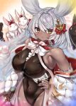  1girl :3 animal animal_ears arm_at_side bangs bare_shoulders black_leotard black_nails blush bow bowtie breasts center_frills closed_mouth coat commentary_request covered_navel dark-skinned_female dark_skin detached_sleeves eyeliner frills gold_trim granblue_fantasy grey_hair hair_ornament hand_on_hip happy heart highres holding holding_sword holding_weapon huge_breasts leotard long_hair looking_at_viewer makeup makura_(granblue_fantasy) nail_polish off_shoulder onomiya open_clothes open_coat orange_eyes partial_commentary petals pink_ribbon rabbit rabbit_ears rabbit_girl red_bow red_eyeliner red_eyes ribbon shiny shiny_hair sidelocks skindentation smile solo sparkle swept_bangs sword textless_version very_long_hair weapon white_bow white_bowtie white_coat white_sleeves yellow_eyes 