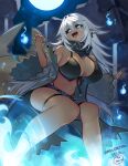  1girl artist_name baniran_dorosu blue_eyes breasts cleavage dark-skinned_female dark_skin fishing_hook ghost highres large_breasts long_hair midriff monster_girl navel open_mouth original pointy_ears shark_girl sharp_teeth shorts signature slit_pupils solo tail teeth tongue tongue_out white_hair will-o&#039;-the-wisp_(mythology) 