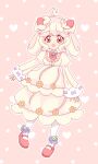  1girl absurdres ahoge alcremie alcremie_(strawberry_sweet) alcremie_(vanilla_cream) artist_name bangs blonde_hair blue_bow blush bow bowtie buttons clover commentary_request dress female_child flat_chest food-themed_hair_ornament footwear_bow four-leaf_clover full_body hair_ornament hair_rings happy heart heart_background heart_button highres humanization juliet_sleeves long_sleeves looking_at_viewer medium_hair meru_(mer_milky77) open_mouth outline pantyhose partial_commentary pink_background pokemon polka_dot polka_dot_background puffy_sleeves red_bow red_bowtie red_eyes red_footwear shoes sidelocks signature sleeves_past_wrists smile solo split_mouth standing star_(symbol) straight-on strawberry_hair_ornament striped striped_bow white_outline white_pantyhose yellow_dress 