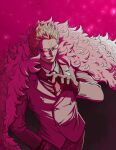  1boy arm_up black_shirt blonde_hair buttons coat donquixote_doflamingo earrings feather_coat formal gloves grin hand_in_pocket jewelry k-4000 male_focus necktie one_piece pink_coat red_background red_suit shadow shirt short_hair smile suit sunglasses upper_body 