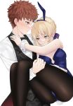  1boy 1girl ahoge animal_ears artoria_pendragon_(fate) bare_shoulders black_bow black_pantyhose black_vest blonde_hair blue_ribbon blush bow breasts collar collared_shirt emiya_shirou fate/stay_night fate_(series) green_eyes hair_ribbon highres holding long_sleeves medium_breasts orange_eyes orange_hair pantyhose rabbit_ears ribbon saber shirt short_hair suzuakks swimsuit vest white_background white_shirt 