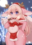  1girl animal_ears antlers backlighting bandeau bangs blonde_hair blue_eyes blurry blurry_background blush body_fur breasts breath capelet closed_mouth commentary_request cowboy_shot deer_ears deer_tail full_moon fur-trimmed_capelet fur-trimmed_headwear fur_trim furry furry_female hand_on_hip hand_up happy hat highres holding holding_sack horokusa_(korai) loincloth long_hair looking_at_viewer moon navel night original outdoors pink_fur red_bandeau red_capelet red_headwear reindeer_antlers reindeer_girl sack santa_costume santa_hat sidelocks small_breasts smile snowing solo split_mouth standing star_(symbol) star_in_eye stomach symbol_in_eye tail thick_thighs thighs two-tone_fur white_fur wide-eyed wide_hips 