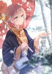  1girl :o absurdres bag bangs blanket blurry blurry_foreground blush carrying_bag crossed_bangs day floral_print flower green_eyes hair_flower hair_ornament handbag highres holding holding_umbrella japanese_clothes kimono oil-paper_umbrella open_mouth orange_kimono original outdoors print_kimono red_hair senri_(senri_sen) sidelocks snow snowing solo standing tree umbrella upper_body white_bag wide_sleeves winter 