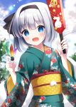  1girl black_hairband black_ribbon blue_eyes blush floral_print green_kimono hagoita hair_ribbon hairband hanetsuki highres hitodama holding japanese_clothes kimono konpaku_youmu konpaku_youmu_(ghost) long_sleeves obi open_mouth paddle print_kimono ribbon sash short_hair smile solo suzuno_naru touhou upper_body white_hair wide_sleeves 