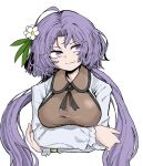  1girl arms_under_breasts bangs breasts closed_mouth fe_(tetsu) flower hair_flower hair_ornament highres large_breasts long_hair long_sleeves looking_at_viewer purple_hair simple_background smile solo touhou tsukumo_benben white_background white_flower 