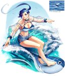  1girl absurdres bare_legs barefoot bird blue_eyes blue_hair blue_shorts breasts cleavage highres large_breasts long_hair navel original see-through see-through_sleeves semmya_ori shadow shorts smile solo surfing twitter_username 
