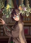  1girl animal_ears bangs blue_eyes book bookshelf braid braided_ponytail brown_hair brown_jacket crown_braid glasses hair_ornament hanging_flower highres holding holding_book horse_ears jacket long_hair long_sleeves looking_at_viewer looking_to_the_side mimi_(usausamm5) parted_lips plant solo test_tube umamusume upper_body zenno_rob_roy_(umamusume) 