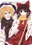  2girls :d black_gloves black_hair black_headwear blonde_hair bow braid broom closed_mouth gloves grey_background hair_bow hakurei_reimu hat holding holding_broom kirisame_marisa long_hair looking_at_viewer medium_hair multiple_girls open_mouth red_bow red_eyes ribbon-trimmed_sleeves ribbon_trim scarf side_braid single_braid smile touhou wide_sleeves witch_hat yellow_eyes yellow_scarf zetsumame 