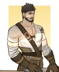  1boy anvil apron bandaged_arm bandages bara beard black_eyes black_hair blacksmith cross-laced_slit facial_hair genshin_impact highres large_pectorals male_focus mature_male mlacc muscular muscular_male mustache pectoral_cleavage pectorals short_hair sketch solo standing thick_eyebrows wagner_(genshin_impact) waist_apron 