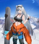  1girl animal_ears arknights aurora_(arknights) aurora_(polar_catcher)_(arknights) bangs bare_arms bare_shoulders bear_ears black_choker black_hairband black_pants blue_eyes blue_sky breasts choker cleavage clothes_around_waist commentary_request cowboy_shot crop_top day eugle_na full_body grey_hair hairband highres holding jacket jacket_around_waist large_breasts long_hair looking_at_viewer midriff mountain official_alternate_costume orange_jacket pants sky snow snowboard solo sports_bra standing stomach very_long_hair 