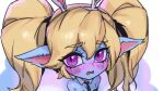  1girl animal_ears bangs bare_shoulders black_necktie blonde_hair blush detached_collar fake_animal_ears fang hair_between_eyes league_of_legends long_hair necktie open_mouth phantom_ix_row playboy_bunny pointy_ears poppy_(league_of_legends) purple_background purple_eyes shiny shiny_hair solo twintails white_background yordle 