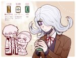  1boy 2girls andou_ruruka bangs blush border brown_background brown_jacket can danganronpa_(series) danganronpa_3_(anime) dress_shirt eating food fur_collar gradient gradient_background grey_hair hair_over_one_eye hat holding holding_can izayoi_sounosuke jacket kimura_seiko long_hair long_sleeves mask miniskirt mouth_mask multiple_girls neck_ribbon pleated_skirt red_ribbon ribbon shimada_(dmisx) shiny shiny_hair shirt short_hair skirt solo_focus white_border 