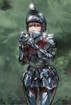  1girl animal armor armored_boots bangs bird blush boots brown_hair chochomi clenched_hand full_armor gauntlets helmet holding holding_animal open_mouth original outdoors shoulder_armor standing 