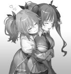  2girls assault_lily bangs belt between_breasts blurry breasts closed_eyes closed_mouth collared_shirt commentary cowboy_shot depth_of_field elbow_gloves from_side gloves gradient gradient_background grey_background greyscale hair_between_eyes hair_ribbon half-closed_eyes heads_together heart highres hishida_haru hug hug_from_behind juliet_sleeves light_blush long_hair long_sleeves looking_at_another lower_teeth_only medium_breasts medium_hair miniskirt monochrome multiple_girls necktie necktie_between_breasts odaiba_girls_high_school_uniform pantyhose parted_lips pleated_skirt puffy_sleeves ribbon school_uniform shirt short_twintails skirt sleeve_bow smile standing suzuki_chinami sweatdrop teeth tori_udon twintails waist_cape white_background yuri 