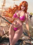  1girl artist_name bikini breasts character_name copyright_name highres huge_breasts large_breasts legs lipstick long_hair makeup nami_(one_piece) one_piece orange_hair pink_bikini sanji_(one_piece) solo swimsuit yam_spectrum 