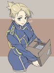  1girl artist_name bangs blonde_hair blue_jacket blue_skirt box breasts cardboard_box cowboy_shot dated earrings from_above fullmetal_alchemist grey_eyes hair_up highres holding holding_box jacket jewelry letterboxed long_sleeves looking_at_viewer looking_up medium_breasts military military_jacket military_uniform riza_hawkeye skirt smile solo swept_bangs takehide uniform 