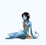  1girl alien animal_ears animal_nose animification armlet avatar:_the_way_of_water barefoot black_hair blue_skin blue_tail body_markings cat_ears colored_sclera colored_skin flat_chest full_body highres james_cameron&#039;s_avatar jewelry jun_chiu kiri_(avatar) long_tail medium_hair na&#039;vi narrow_waist navel necklace pelvic_curtain science_fiction short_hair sitting solo tail tribal white_background yellow_eyes yellow_sclera 