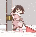  1girl :d animal_ears boots cold footprints grey_background holding holding_shovel inaba_tewi looking_at_viewer mittens open_mouth outdoors poronegi scarf shovel shoveling smile snow snow_shovel snowing solo touhou winter winter_clothes 