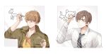  2boys artem_wing_(tears_of_themis) bangs blue_eyes blue_necktie brown_eyes brown_hair closed_mouth collared_shirt drawing green_jacket h_haluhalu415 holding holding_marker jacket jewelry key long_sleeves luke_pearce_(tears_of_themis) male_focus marker multiple_boys necklace necktie parted_lips shirt short_hair simple_background tears_of_themis upper_body white_background white_shirt yellow_shirt 