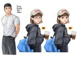  1boy 1girl biceps black_hair black_hoodie black_pants blue_bag brown_hair cup drawstring glasses hair_behind_ear highres holding holding_cup hood hood_down hoodie looking_at_viewer multiple_views muscular muscular_male original pants parted_lips rinotuna shirt short_hair short_sleeves simple_background sleeves_past_wrists white_background white_headwear white_shirt 