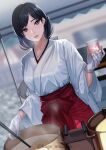  1girl absurdres amazake_(drink) black_hair blurry blurry_background breasts brown_eyes cooking_pot cup dutch_angle gloves grin hakama highres japanese_clothes kagematsuri long_hair looking_at_viewer miko orange_eyes original outdoors ponytail smile solo tent watermark white_gloves 