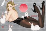  1girl 2023 animal animal_ears ass bare_back bare_shoulders black_footwear black_leotard black_pantyhose blonde_hair breasts chinese_zodiac commentary_request dinelind_(drill_(emilio)) drill_(emilio) earrings elf fake_animal_ears feet_up full_body green_eyes hairband high_heels highres jewelry large_breasts leotard long_hair long_pointy_ears looking_at_viewer lying on_stomach original pantyhose petting pointy_ears rabbit rabbit_ears rabbit_tail shoe_dangle shoes shoulder_blades smile solo stud_earrings tail the_pose wrist_cuffs year_of_the_rabbit 