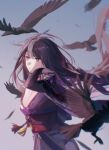  1girl bangs bird black_bird black_hair blue_sky blurry blurry_foreground breasts clear_sky cleavage cleavage_cutout clothing_cutout dress genshin_impact gloves grey_nails highres long_hair long_sleeves looking_away medium_breasts morning outdoors partially_fingerless_gloves purple_dress purple_eyes raiden_shogun shiny shiny_hair sky solo standing upper_body yurayura_(mdeh5447) 
