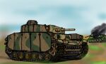  armored_vehicle camouflage caterpillar_tracks commentary day german_commentary ground_vehicle hatch highres military military_vehicle motor_vehicle no_humans original painter_0614 panzerkampfwagen_iii sky smoke tank tank_turret turret vehicle_focus world_war_ii 