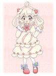  1girl absurdres ahoge alcremie alcremie_(strawberry_sweet) alcremie_(vanilla_cream) artist_name bangs blonde_hair blue_bow blush bow bowtie buttons clover commentary_request dress female_child flat_chest food-themed_hair_ornament footwear_bow four-leaf_clover full_body hair_ornament hair_rings hands_up happy heart heart_button heel_up highres humanization index_finger_raised juliet_sleeves long_sleeves looking_at_viewer medium_hair meru_(mer_milky77) open_mouth pantyhose partial_commentary pink_background pokemon puffy_sleeves red_bow red_bowtie red_eyes red_footwear shoes sidelocks signature smile solo standing star_(symbol) strawberry_hair_ornament striped striped_bow twitter_username white_pantyhose yellow_dress 