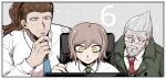  3boys :o bangs beard border brown_eyes brown_hair brown_jacket collared_shirt danganronpa_(series) danganronpa_3_(anime) drawing facial_hair great_gozu green_necktie grey_hair hand_up holding holding_pen jacket long_hair mitarai_ryouta multiple_boys mustache necktie no_mask numbered pen ponytail red_necktie shimada_(dmisx) shiny shiny_hair shirt short_hair sparkle stubble tengan_kazuo white_border white_shirt 