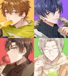 4boys :d artem_wing_(tears_of_themis) black_coat black_sweater blue_eyes brown_coat brown_eyes brown_hair brown_sweater closed_mouth coat food fur_collar glasses green_background grin h_haluhalu415 holding holding_food holding_spoon ice_cream licking long_sleeves looking_at_viewer luke_pearce_(tears_of_themis) male_focus marius_von_hagen_(tears_of_themis) multiple_boys open_clothes popsicle purple_eyes purple_hair purple_skirt red_background scarf shaved_ice short_hair skirt smile spoon sweater tears_of_themis teeth turtleneck turtleneck_sweater upper_body vyn_richter_(tears_of_themis) white_hair yellow_background yellow_scarf 