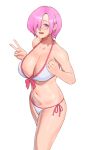  1girl absurdres bikini breasts cleavage cowboy_shot fate/grand_order fate_(series) glasses hair_over_one_eye hands_up highres large_breasts mash_kyrielight mash_kyrielight_(swimsuit_of_perpetual_summer) navel open_mouth pink_hair pokoporoko purple_eyes short_hair simple_background smile solo stomach swimsuit v white_background white_bikini 
